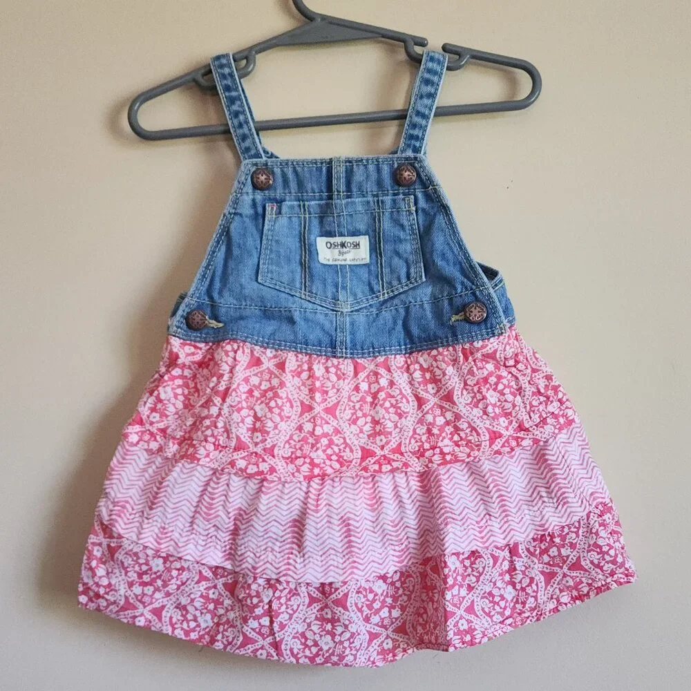 Oshkosh B'Gosh Jumper Dress Denim Pink White Floral Pocket Size 18 Months